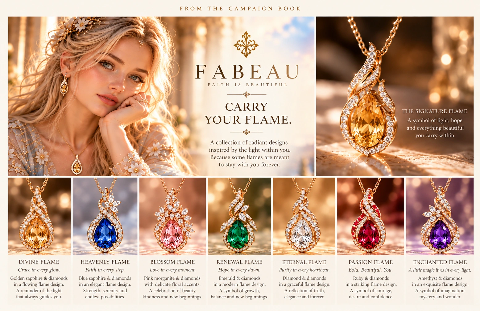Seven Flames campaign featuring Fabeau and seven gemstone pendants